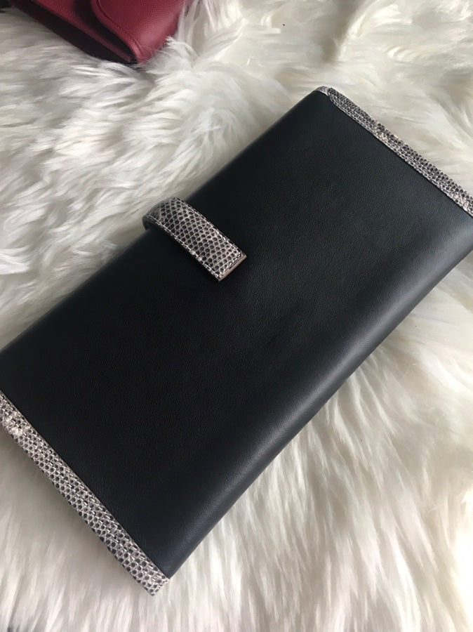 JIGE ELAN 29 CLUTCH IN BLACK CALFSKIN WITH WHITE LIZARD SKIN (MADE-TO-ODER)