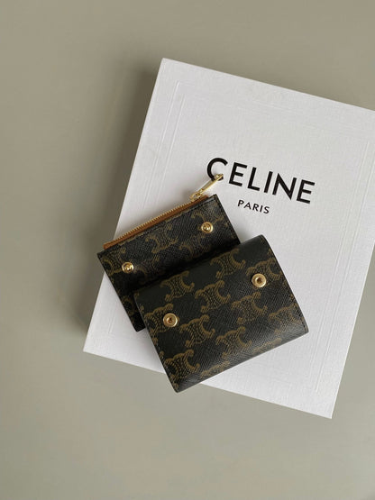 TRIOMPHE 9 WALLET TWO-IN-ONE OLD FLOWER BROWN CALFSKIN