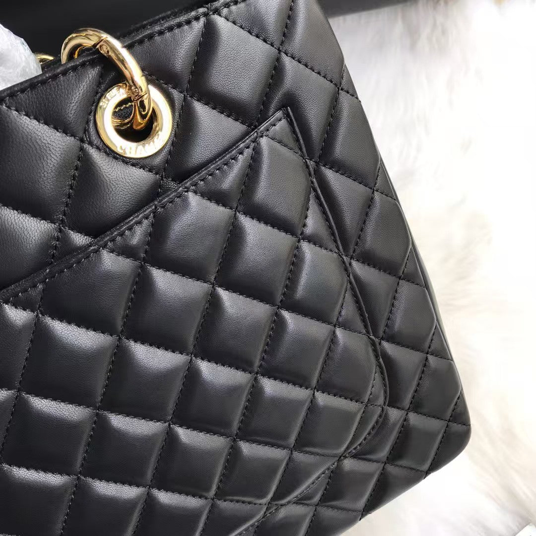 GST BLACE LEATHER SHOPPING BAG WITH GOLD HARDWARE