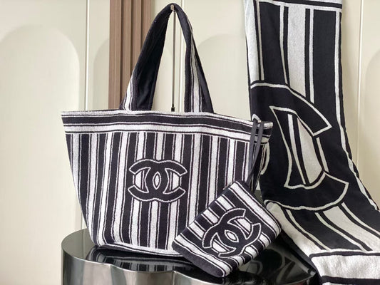 CC 26S BLACK AND WHITE STRIPED BEACH BAG SET