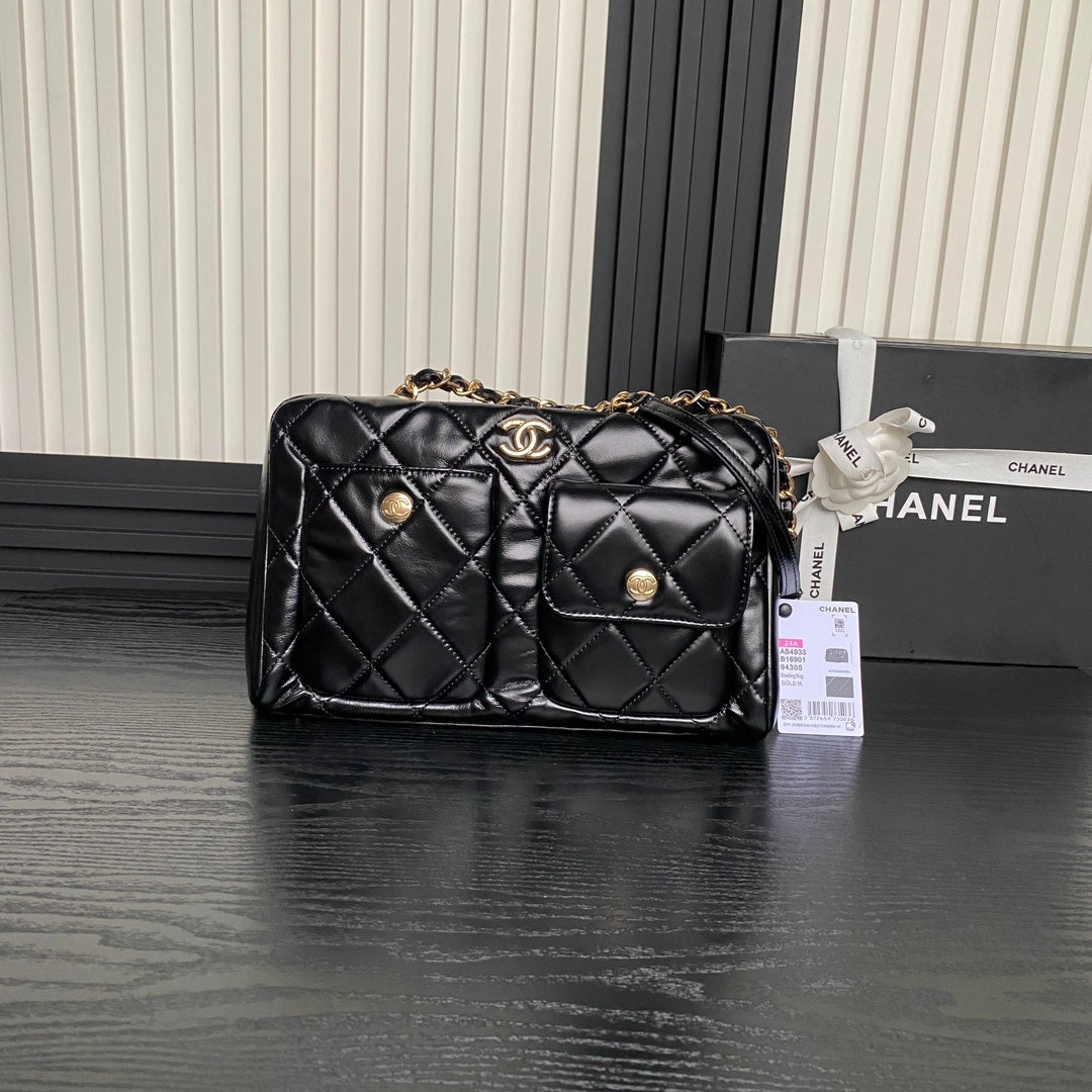 BOWLING BAG 29 IN BLACK SHINY CALFSKIN GOLD HARDWARE