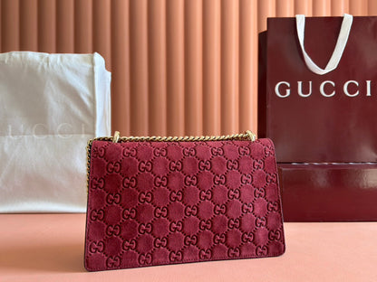 DIONYSUS MEDIUM SHOULDER BAG 27.5 IN ROSSO ANCORA RED GG SUEDE