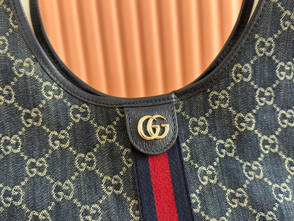 GUCCI 25S GIGLIO LARGE TOTE BAG 50 IN BLUE AND WHITE DENIM