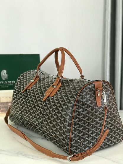 BOSTON 50 BAG IN BLACK GOYARDINE CANVAS AND TAN CALFSKIN TRIM
